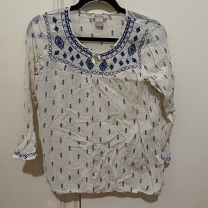 Lucky Brand White Blouse with Blue Embroidery